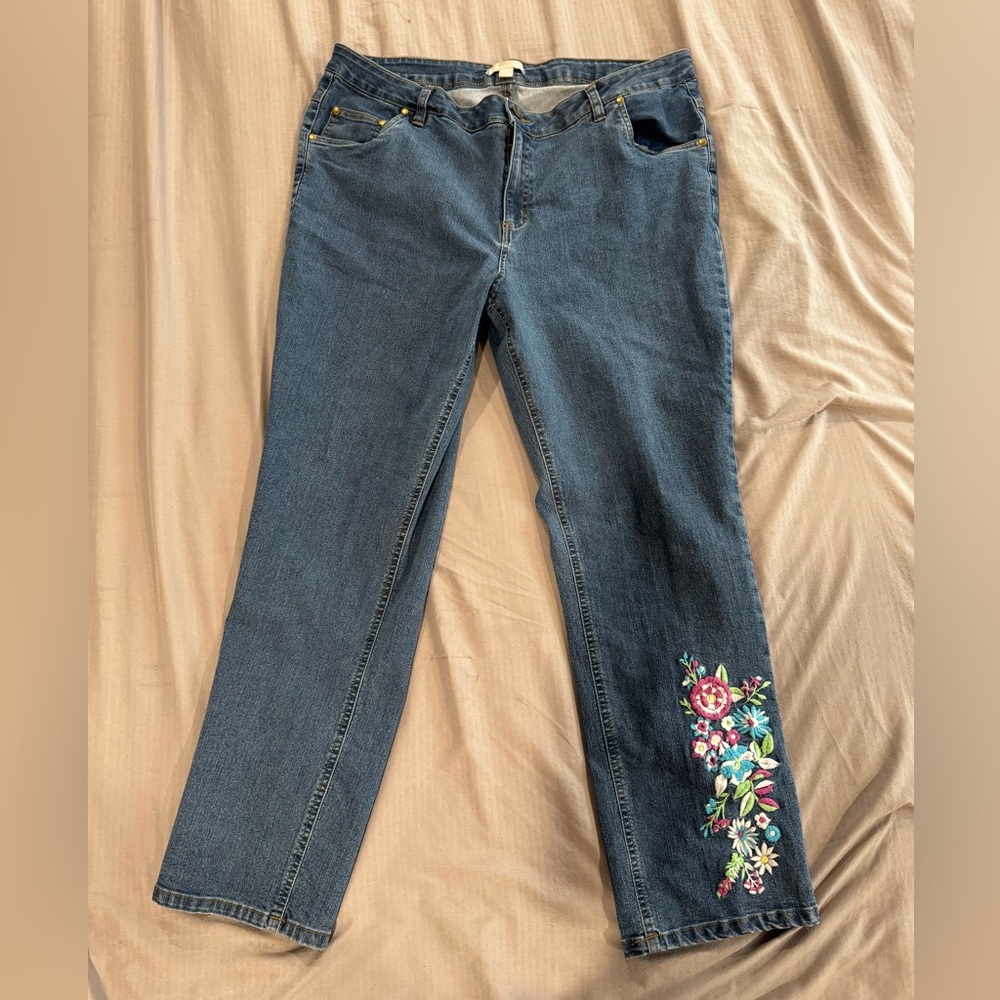 Woman Within Blue Jeans with Floral Embroidery
